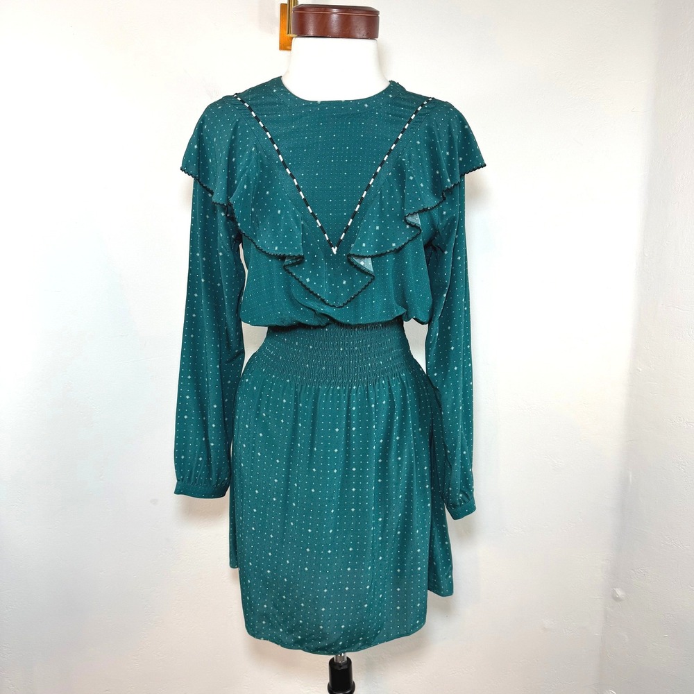Dolan Ruffle Smocked Mini‎ Dress Teal Polka Dot Long Sleeve Prairie Cottage XS